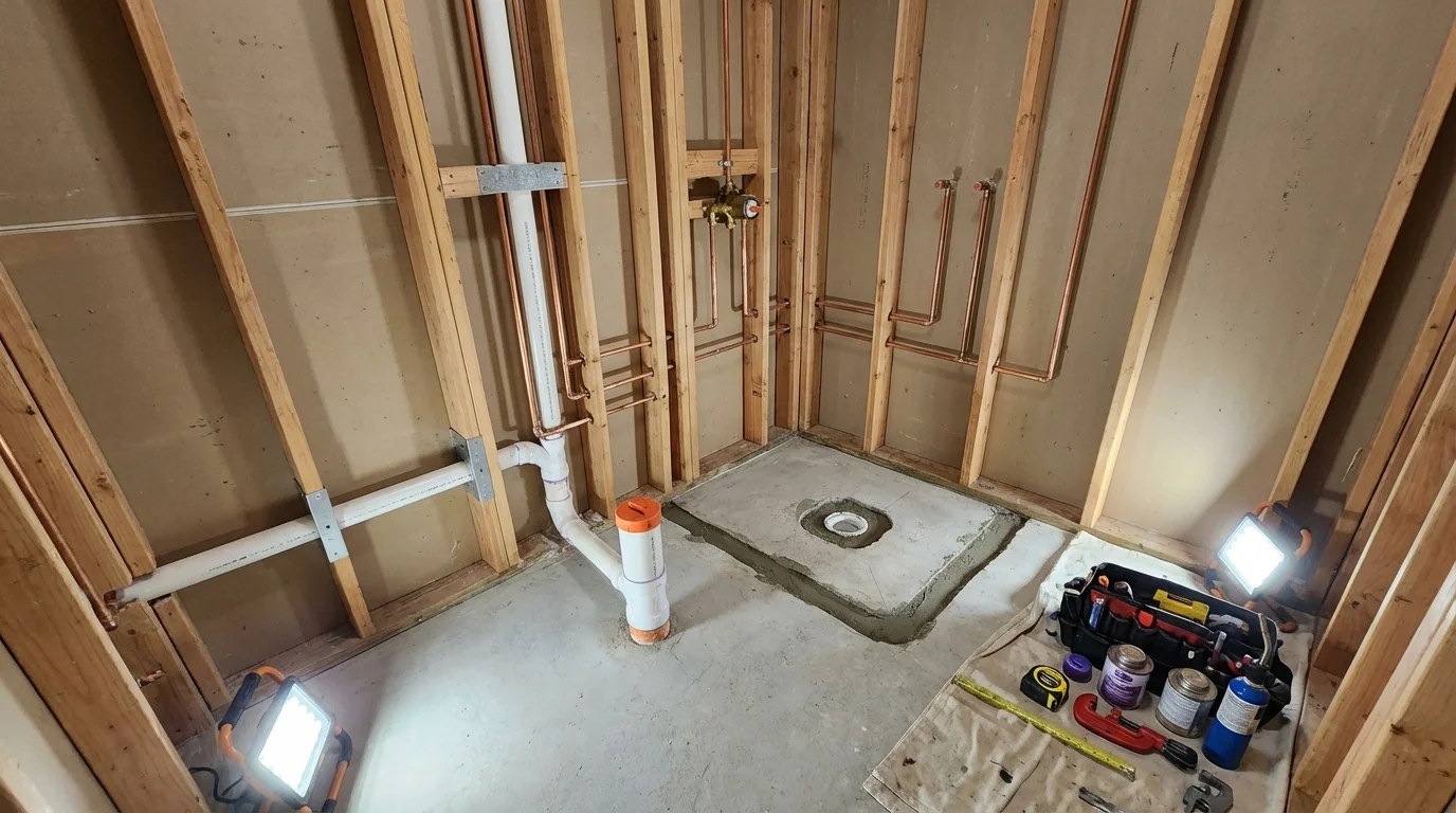 Bathroom rough-in plumbing during remodel by Johns Plumbing LLC in Capac