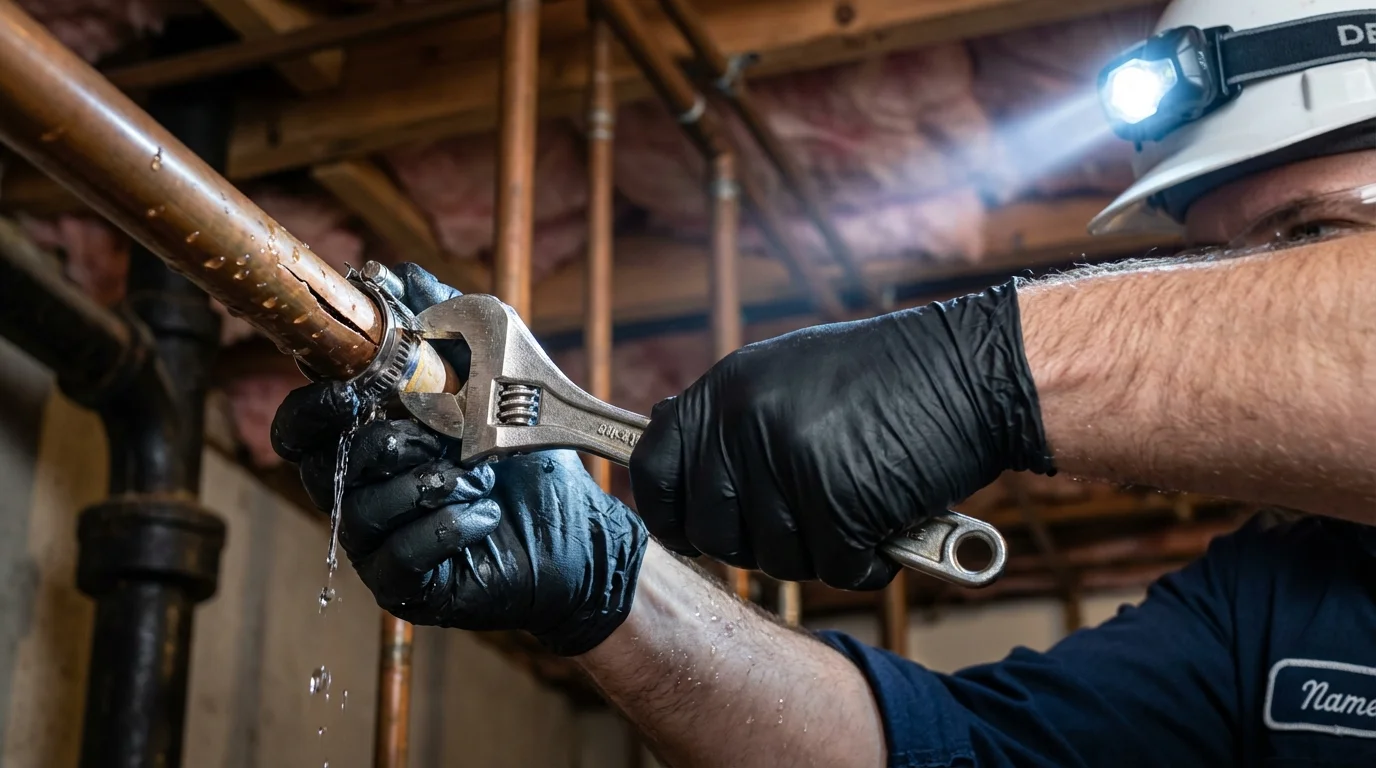 Emergency pipe clamp repair being performed by a Johns Plumbing LLC plumber in Capac