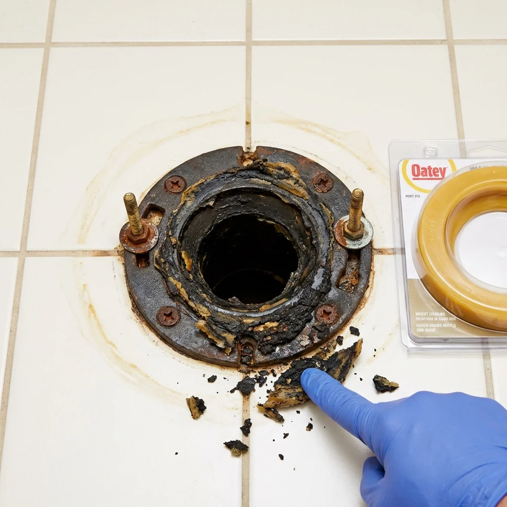 Failed wax ring showing water seepage at the base of a toilet in a Capac, MI home