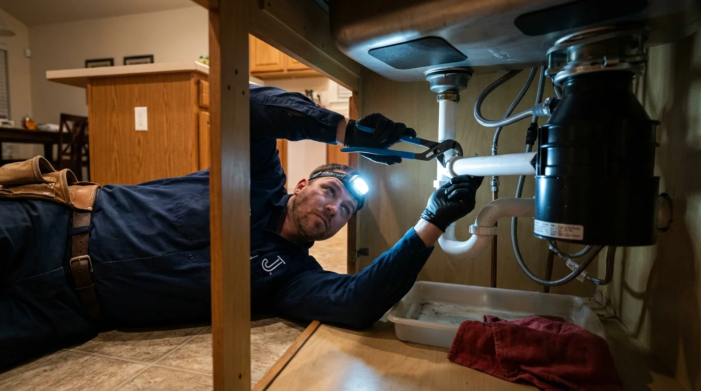 P-trap and supply line connections under a kitchen sink showing a common leak point in Capac, MI